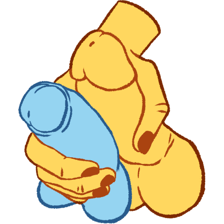 Two penises pressed against each other, held together by a hand. One of the penises is light blue, and the other along with the hand are yellow.